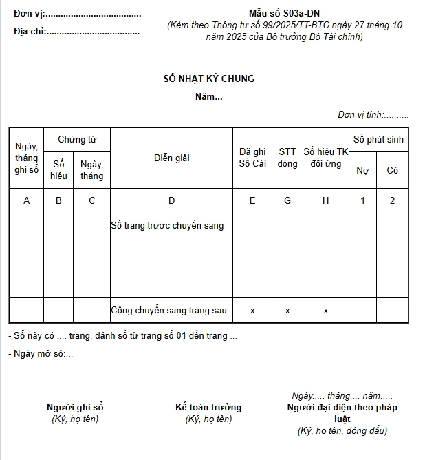 Mẫu sổ nhật ký chung theo Thông tư 99