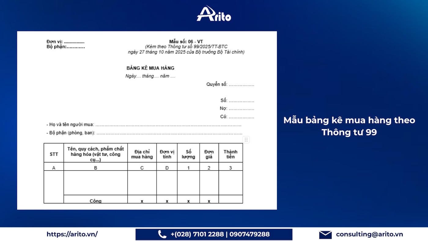 Mẫu bảng kê mua hàng theo thông tư 99